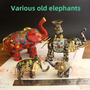 kf-Sc39379887fc046ff9a3efb401211d046P Vintage Cloisonne Elephant Figurine Copper Enamel Decor